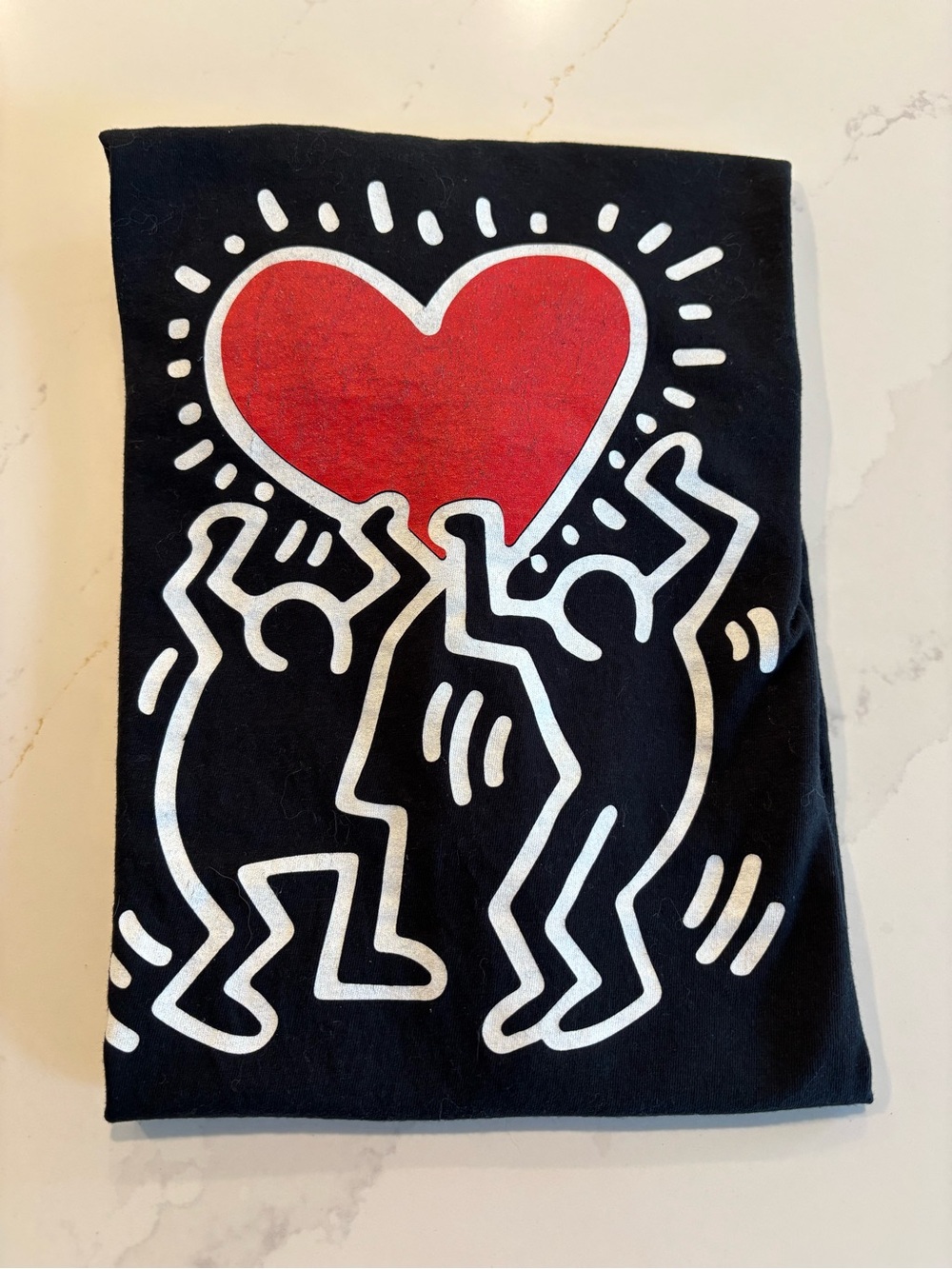 Keith Haring Graphic Heart & Dancing Figures Tee — Black with Red & White Design